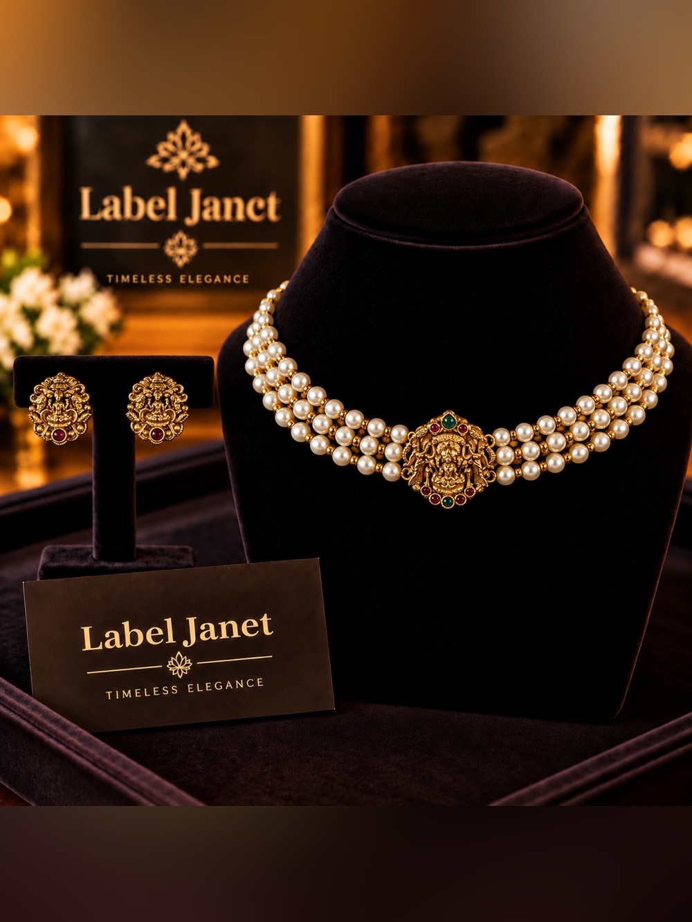 Gold-Tone Pearl Choker Necklace with Matching Earrings - White Pearls